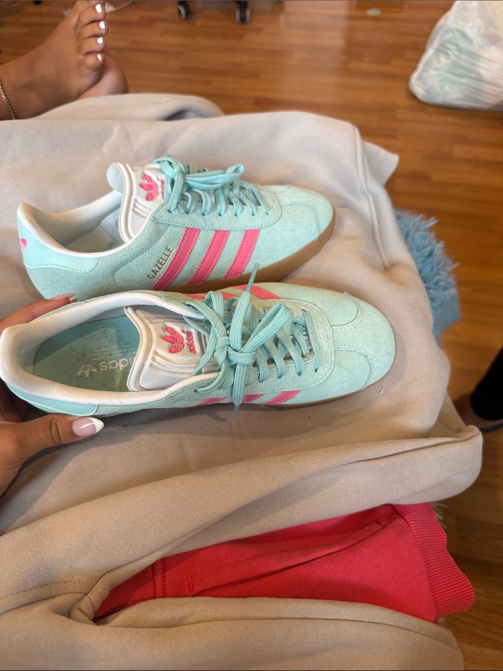 adidas Kids Gazelle Sneakers - Mint with Pink Stripes